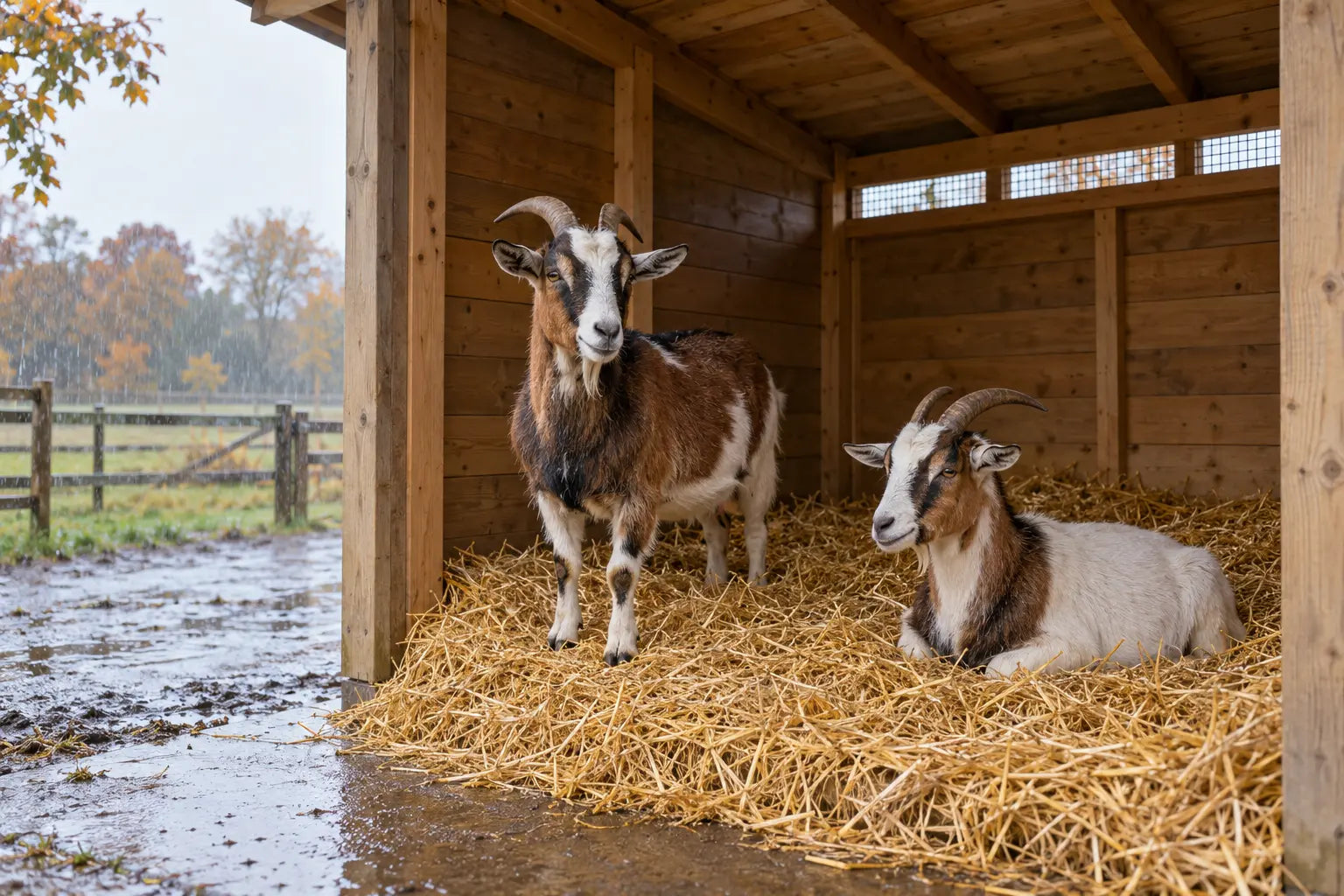Twee geiten rusten droog op stro in een beschutte schuilplek terwijl het buiten regent