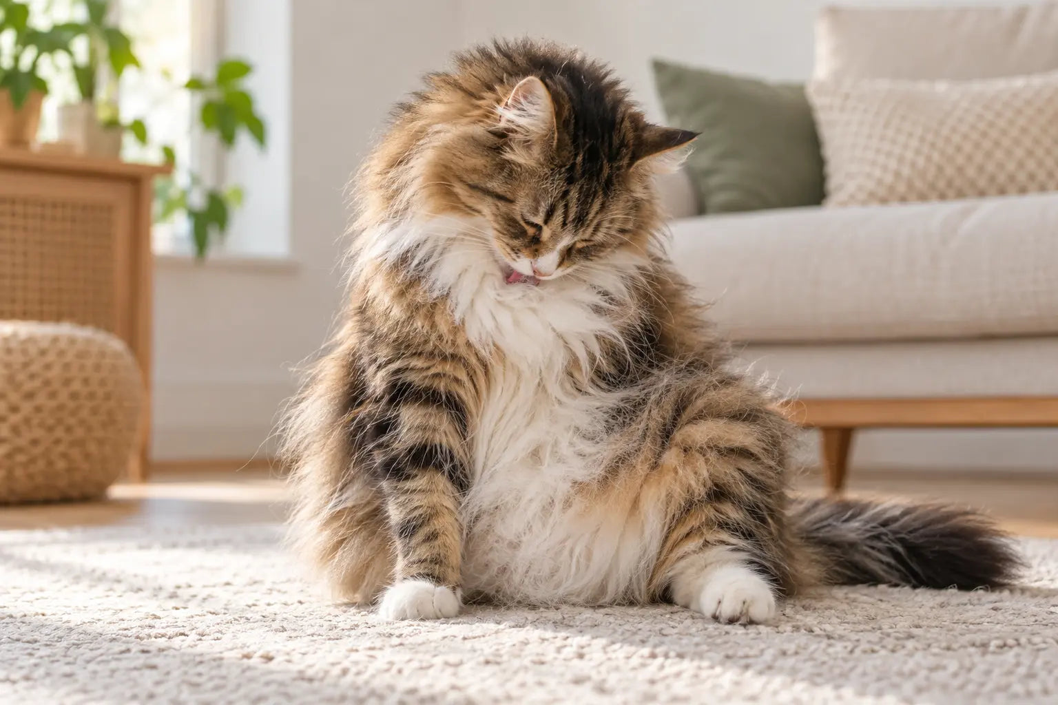 Langharige kat likt tijdens de vachtwisseling losse haren uit haar vacht