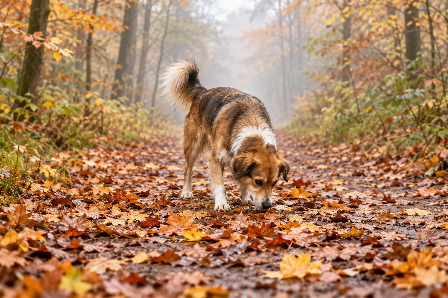 Hond snuffelt ontspannen tussen herfstbladeren op een rustig bospad