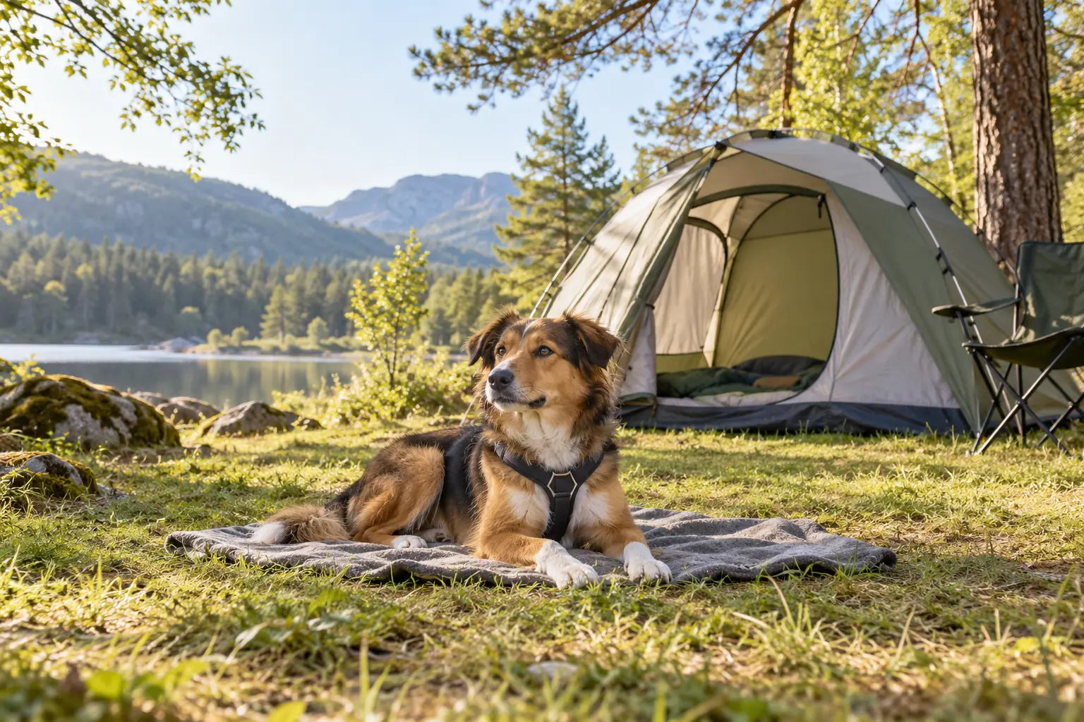 Hond rust op zijn reisdeken voor een tent op een rustige camping