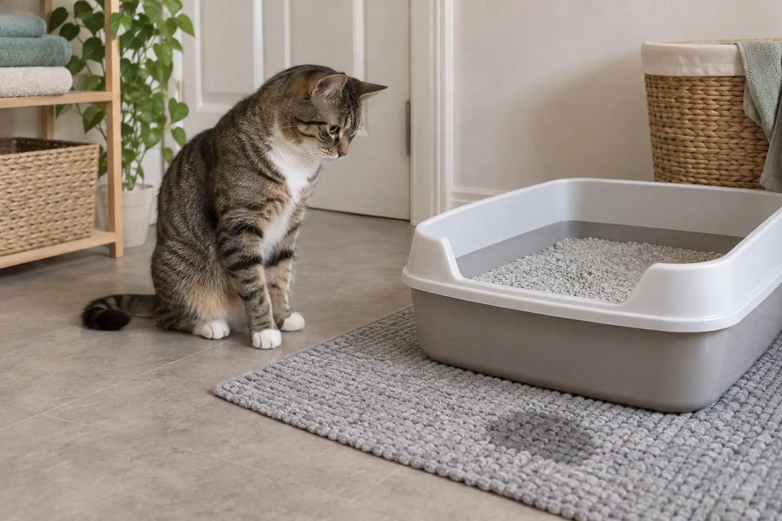 Kat aarzelt naast een schone open kattenbak met een vochtige plek op de mat