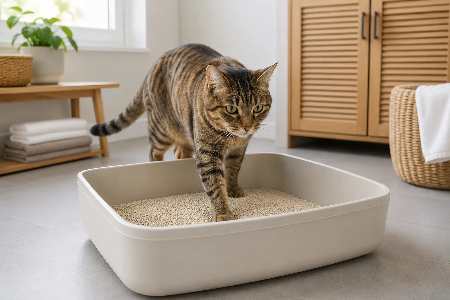 Kat stapt rustig in een schone open kattenbak met zachte korrels