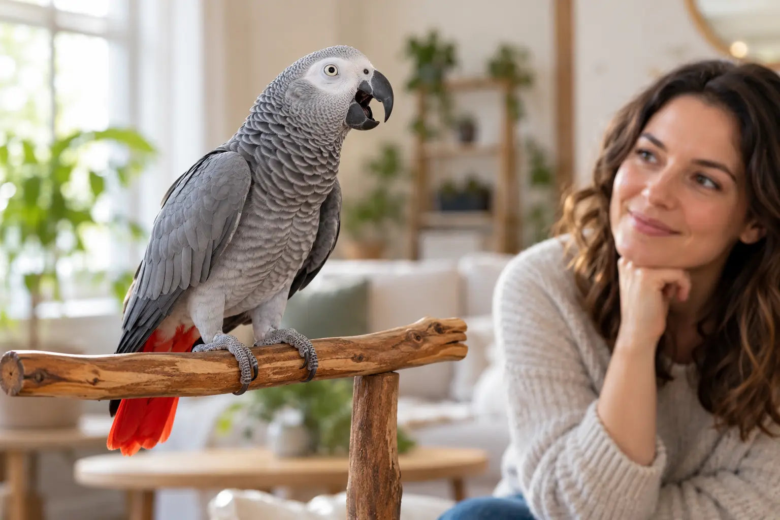 Grijze roodstaartpapegaai vocaliseert op een natuurlijke zitstok