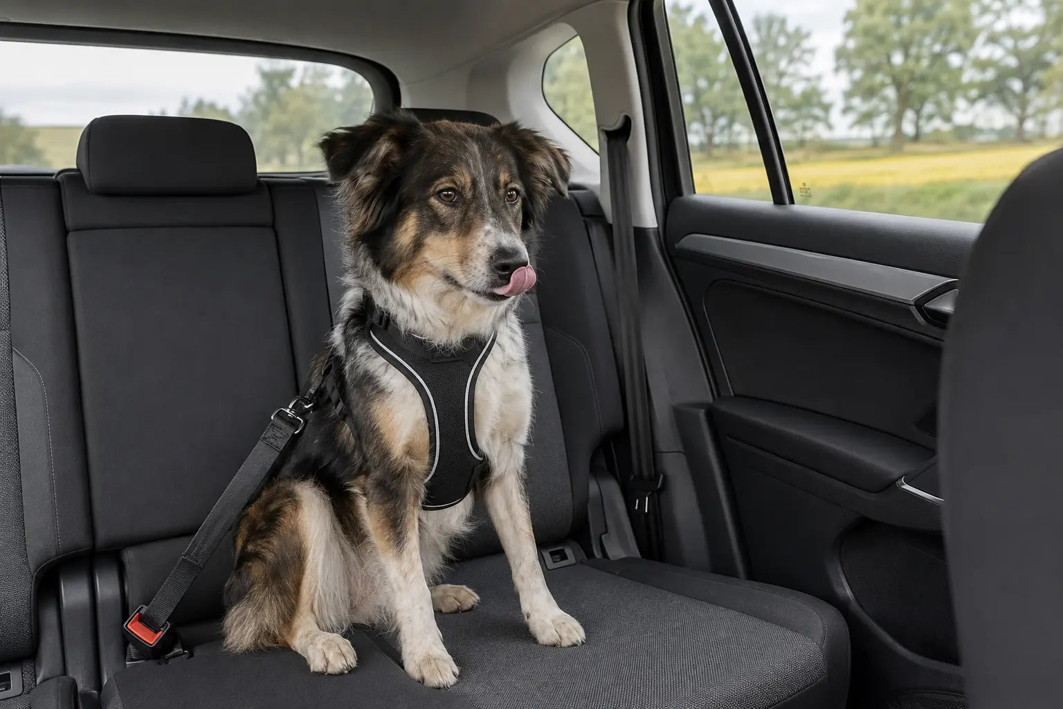 Hond met lichte misselijkheid veilig vastgezet op de achterbank tijdens een autorit