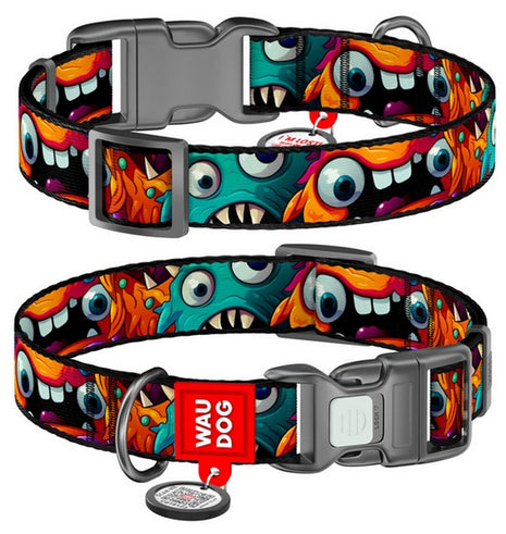Collar WauDog Nylon Obroża nylonowa z QR-paszportem, plastikowy fastex, wzór ZĘBATE POTWORY, L 25mm/33-49cm