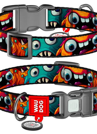 Collar WauDog Nylon Obroża nylonowa z QR-paszportem, plastikowy fastex, wzór ZĘBATE POTWORY, M 20mm/28-40cm