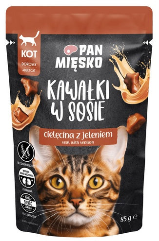 Pan Mięsko Karma mokra dla kota - cielęcina i jeleń kawałki w sosie saszetka 85g