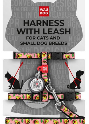 Collar WauDog Nylon Szelki ze smyczą nylonowe anatomiczne w kształcie litery H, z QR-paszportem, plastikowy fastex, wzór AWOKADO NA RÓŻU, rozmiar XS