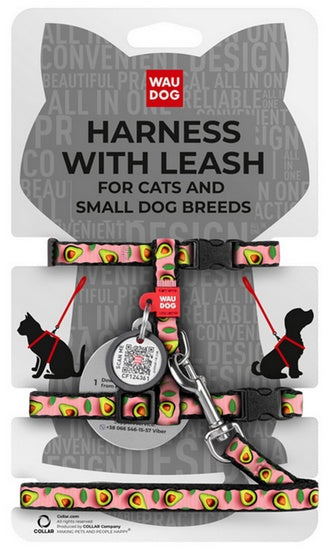 Collar WauDog Nylon Szelki ze smyczą nylonowe anatomiczne w kształcie litery H, z QR-paszportem, plastikowy fastex, wzór AWOKADO NA RÓŻU, rozmiar XS