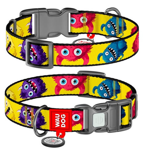 Collar WauDog Nylon Obroża nylonowa z QR-paszportem, plastikowy fastex, wzór FUTRZANE POTWORY, S 15mm/25-35cm