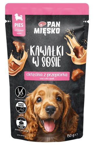 Pan Mięsko Karma mokra dla psa - Puppy cielęcina z przepiórką kawałki w sosie saszetka 150g