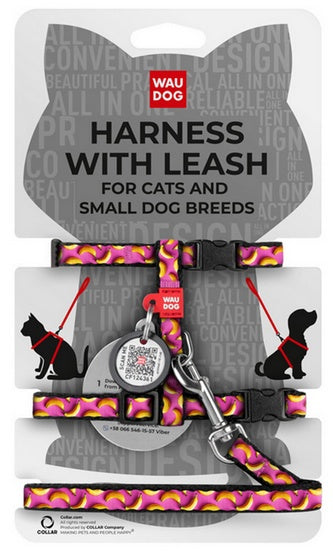 Collar WauDog Nylon Szelki ze smyczą nylonowe anatomiczne w kształcie litery H, z QR-paszportem, plastikowy fastex, wzór BANANY NA RÓŻU, rozmiar XS