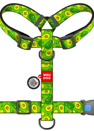 Collar WauDog Nylon Szelki nylonowe anatomiczne w kształcie litery H, z QR-paszportem, plastikowy fastex, wzór AWOKADO, rozmiar XL 35mm